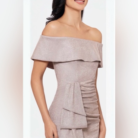 Xscape Elegant Off-Shoulder Blush Glitter Dress - Picture 5 of 9
